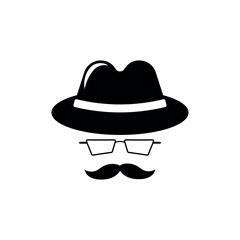 Private detective mask silhouette. Hat with mustache and glasses of inspector character solving a crime and conducting surveillance with vector investigation