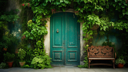 Fototapeta na wymiar Exploring the Vibrant Harmony of Green: Doors and Lush Foliage