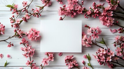 Clear square white card neatly placed on a bed of pink camellias. Illuminated by warm lights overhead. The calm composition conveys simplicity and sophistication.