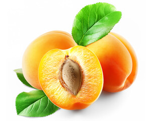 Juicy half of an apricot with a pit and two whole apricots with leaves, isolated on a transparent background.