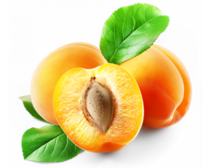 Juicy half of an apricot with a pit and two whole apricots with leaves, isolated on a transparent background.