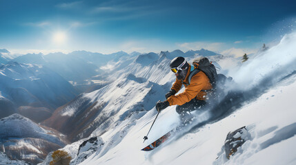 one man is sitting on the snow overlooking the mountains with a ski pole - obrazy, fototapety, plakaty