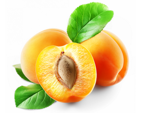 Juicy half of an apricot with a pit and two whole apricots with leaves, isolated on a transparent background.