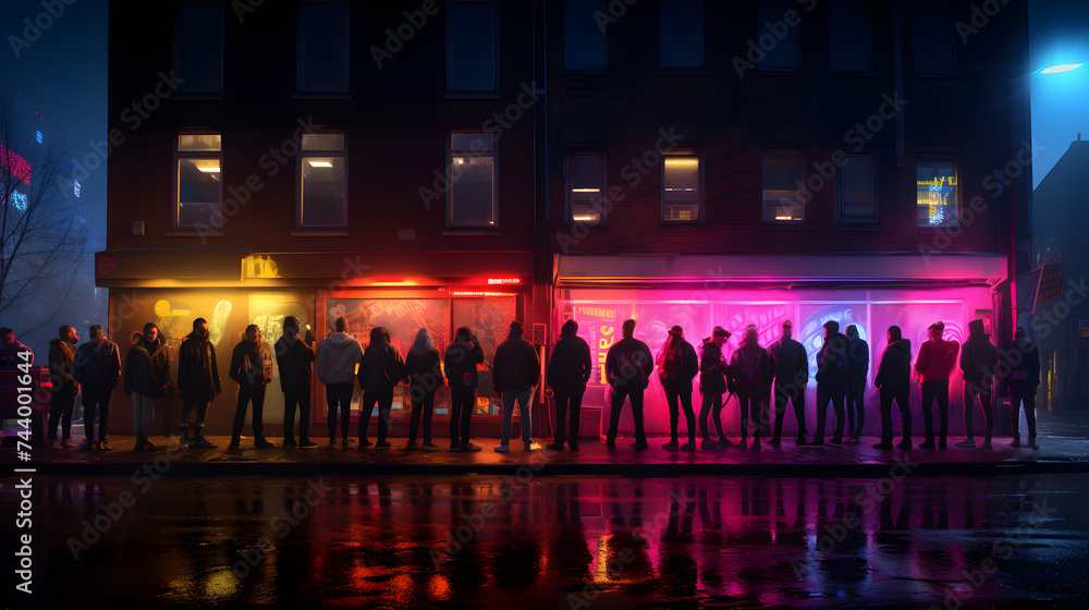 Poster a bunch of people lined up in front of a building with lights on