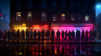 a bunch of people lined up in front of a building with lights on