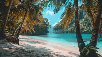Imagine the perfect beach vacation with soft sand, tall palm trees, and tranquil turquoise sea that invites you to immerse yourself in a world of peace and beauty. - obrazy, fototapety, plakaty