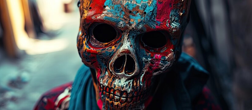 A Man Wearing A Painted Skull Face Mask That Combines Beauty And Fear.