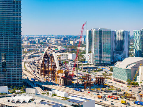 Aerial inspection stages Miami Signature Bridge arches