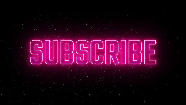 Pink Glowing Neon Subscribe Floating Animated Glitch Message Background with Glitter Particles. Retro disco style, social media design, concept vlog, title video for you tube or network marketing