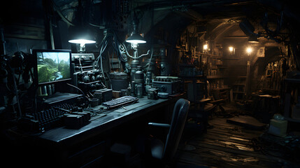 A dimly lit underground laboratory