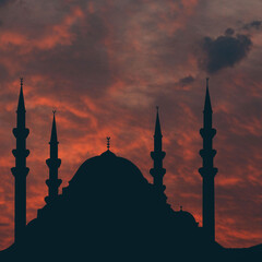 Ramadan greeting card, Ramadan Kareem. Islamic background with mosque and beautiful sunset