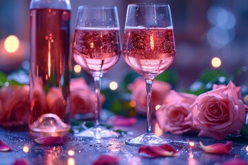 A romantic evening awaits as two glasses of wine glisten next to a bouquet of delicate roses, ready to be savored in elegant stemware - obrazy, fototapety, plakaty