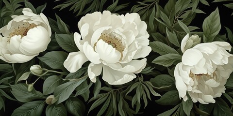 White colors peonies flowers with deep green leaves botanical pattern in vintage draw paint style. Decorative romantic  scene