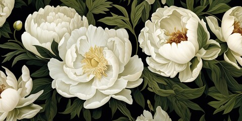 White colors peonies flowers with deep green leaves botanical pattern in vintage draw paint style. Decorative romantic  scene