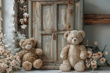 Two beloved teddy bears sit contently next to a wooden cabinet, their plush bodies a reminder of childhood and the magic of christmas, as they wait patiently by the door, peering out the window at th