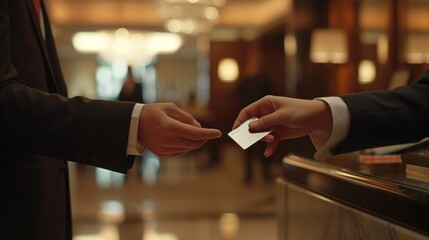 receptionist providing a key card to a guest, hospitality and customer service