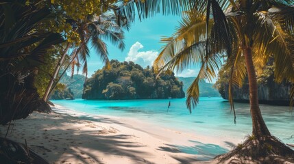 Imagine the perfect beach vacation with soft sand, tall palm trees, and tranquil turquoise sea that invites you to immerse yourself in a world of peace and beauty. - obrazy, fototapety, plakaty