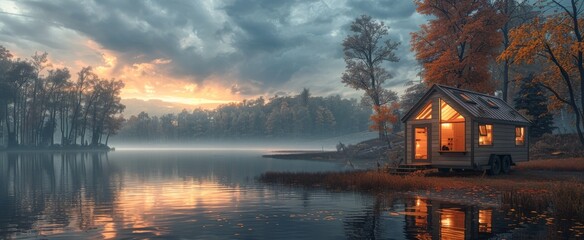 A secluded house nestled among the autumn trees, its reflection dancing on the calm waters of the lake, as the misty fog gives way to a vibrant sunrise and a sky full of billowy clouds