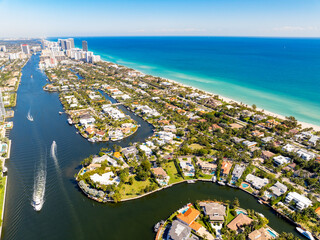 Aerial photo Golden Beach FL neighborhood with luxury waterfront mansions