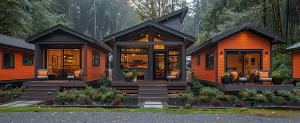 Fotobehang A charming log cabin nestled among towering trees, featuring a cozy porch for outdoor living and surrounded by lush plants, creates the perfect retreat for a peaceful and idyllic home © Larisa AI