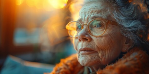 A wise and weathered soul gazes through her spectacles, a portrait of resilience and life etched upon her wrinkled face - obrazy, fototapety, plakaty