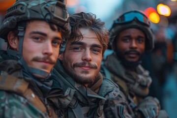 A band of soldiers stands tall and determined, their human faces hidden beneath crisp uniforms, ready to face the unknown challenges of the great outdoors - obrazy, fototapety, plakaty