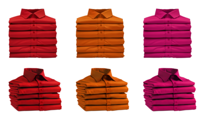 3 Set of pile stack group of folded blank red magenta pink orange mustard button up long sleeve collar shirt on transparent background cutout, PNG file. Mockup template for artwork graphic design