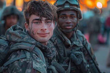 A stoic group of soldiers, their faces masked in camouflage, stand tall and proud in their military uniforms as they prepare for duty in the great outdoors - obrazy, fototapety, plakaty