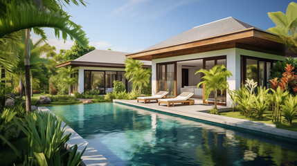 Home or house building Exterior and interior design showing tropical pool villa with green garden