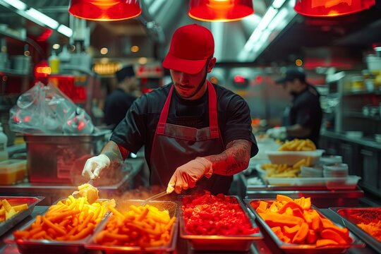 A street vendor donning a bright red hat expertly prepares and sells mouth-watering fast food snacks, showcasing his trade and skill in the bustling market
