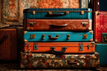 A close-up of a stack of colorful, retro-style suitcases with bold patterns and textures.
