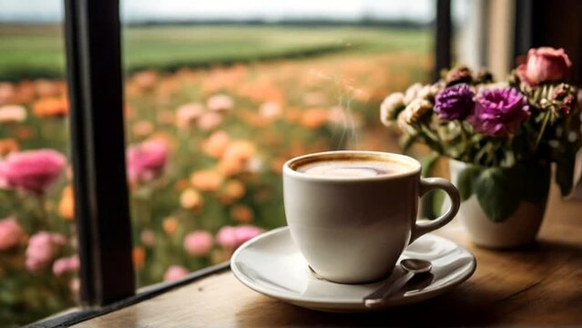 A cup of coffee on a caf&eacute; table with a view of the lake seamless looping time-lapse animation video background. Generated AI
