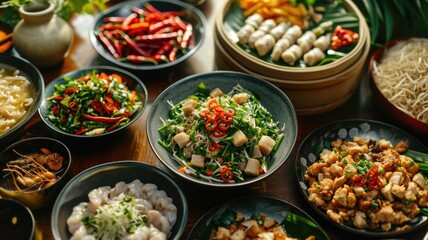 Traditional Korean Feast with Various Dishes and Ingredients
