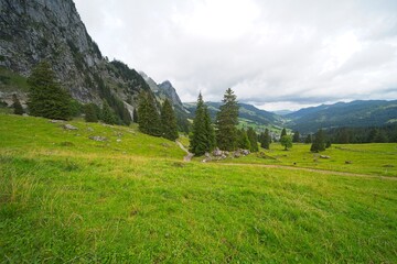 Hiking trail on the ,,Grosser Mythen" a beautiful mountain 1,898 m high in the canton of Schwyz in Switzerland. 

