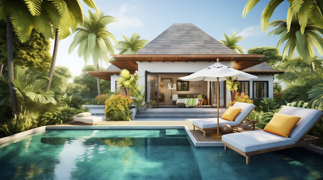 Home or house Exterior design showing tropical pool villa with greenery garden . sun bed, umbrella, pool towels and floating duck