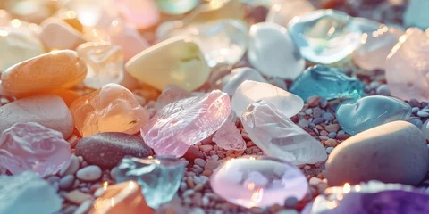 Multicolored Seaside Gemstones at Sunset. Close-up of colorful sea glass and pebbles glistening on the sandy beach seashore. © SnowElf