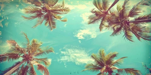 Türaufkleber Grüne Koralle palm trees against a blue sky, bottom view Generative AI