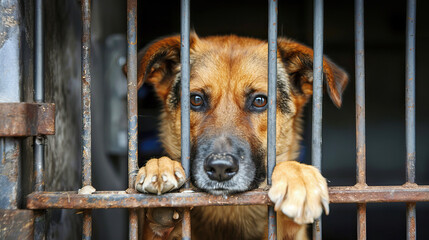 A sad dog behind a metal grill in a cell at an animal shelter yearns in search of an owner