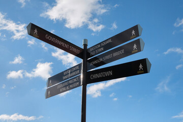Fototapeta premium Signs showing the directions to various popular places in Victoria, British Columbia, Canada