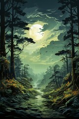 Obraz na płótnie Canvas A Painting of a Forest at Night. Generative AI