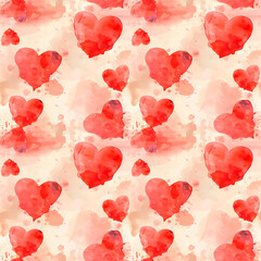Drawn Watercolor Red Smudged Hearts Seamless Pattern Background On Beige Backdrop