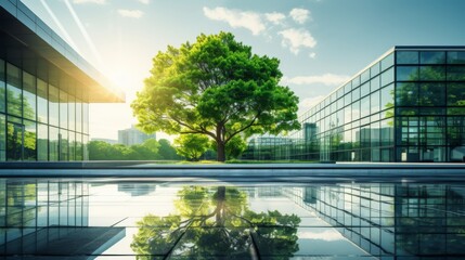 Green tree and glass office building - obrazy, fototapety, plakaty