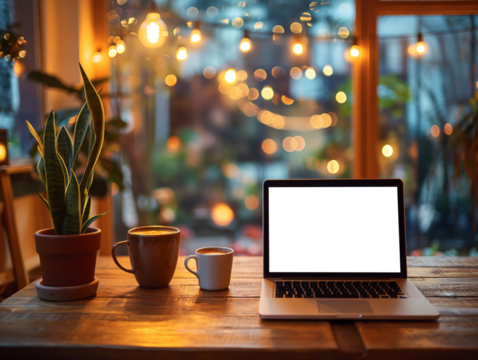 Mockup template of a latop on a wooden table in a cozy coffee shop. PNG transparent mockup image - Powered by Adobe