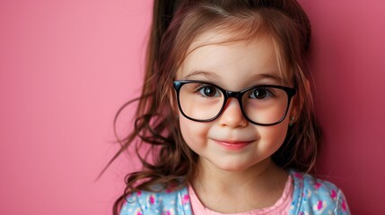 Fototapeta premium Brunette girl with big black frame glasses smiling, pink background