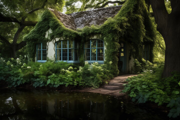 Fototapeta na wymiar ivy-framed cottage reflecting in a glossy pond