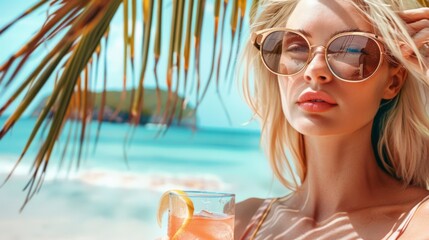 A beautiful girl is sitting on a chair and drinking a cocktail through a straw on a beautiful beach with palm trees and turquoise sea