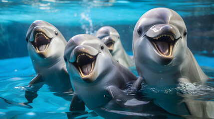 happy pod of dolphins swiming together learning new tricks - obrazy, fototapety, plakaty
