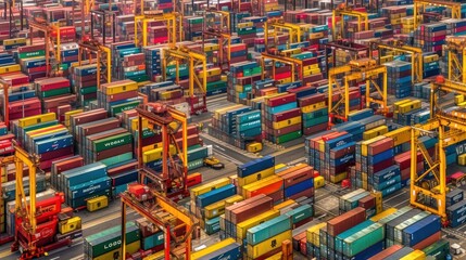 a modern cargo port with bustling activity, maritime trade, logistics