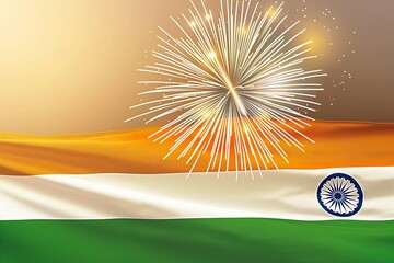 Indian independence day wallpaper with a national flag and fireworks, soft color fields, secessionist style, high horizon lines, transparency and lightness, light amber and emerald, light white navy. - obrazy, fototapety, plakaty