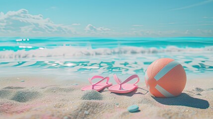 Fototapeta na wymiar flip-flops, beach ball, and snorkel on the sandy shore.